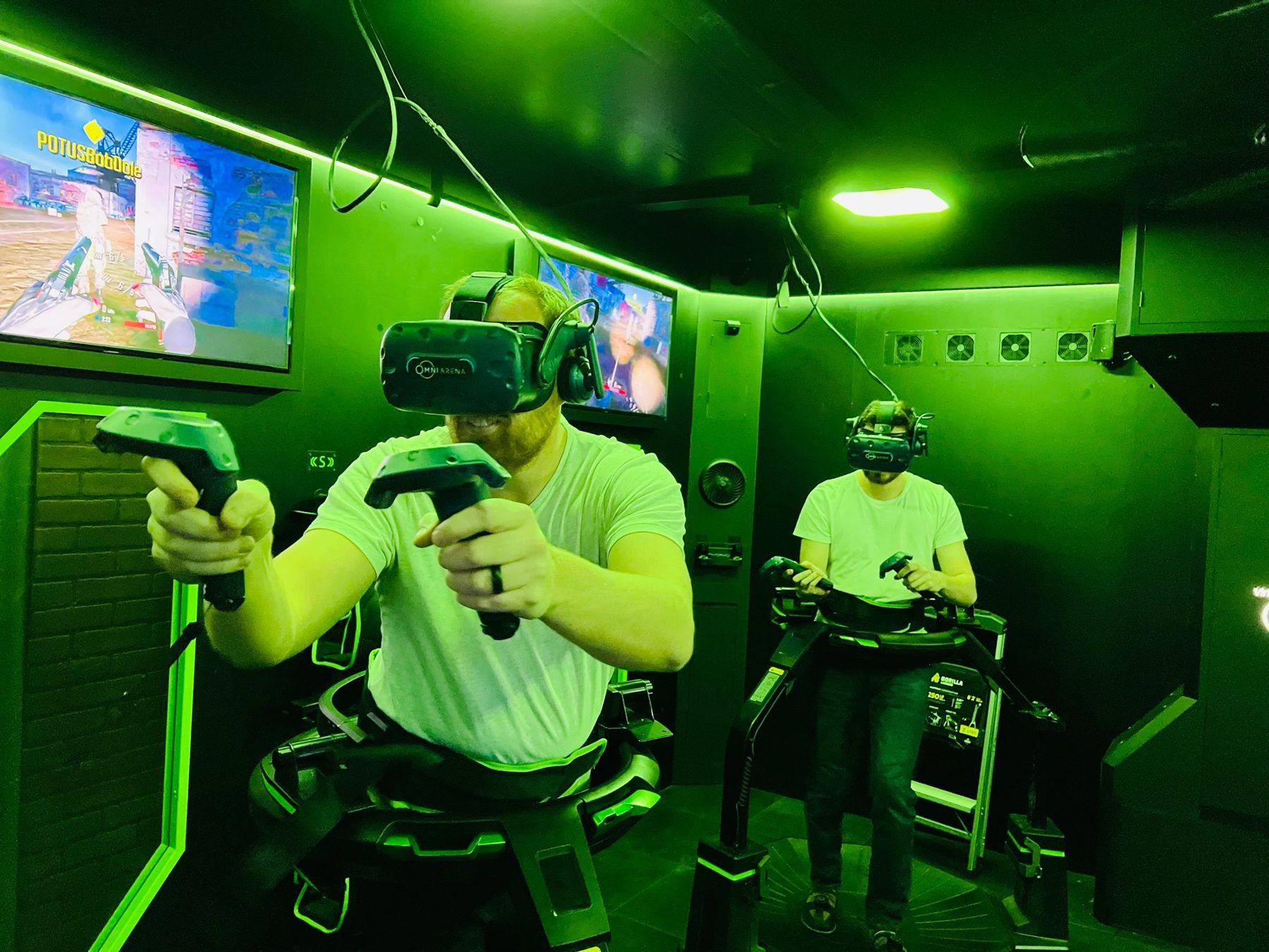 Two players in the free-roam virtual reality rig at Combat Ops